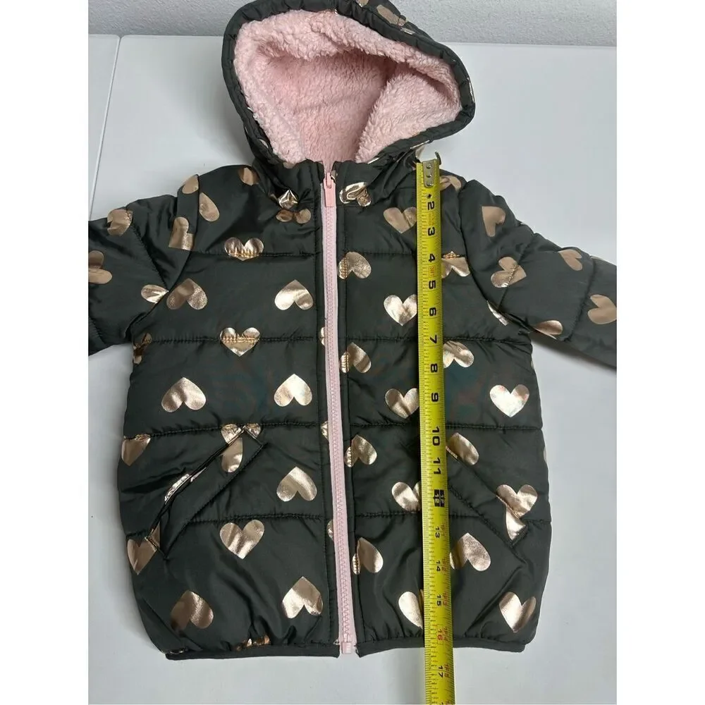 Carter's Puffer Coat Gold Hearts Print Size 4T Brown Pink See Description